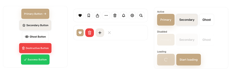 SwiftDS buttons: primary, secondary, ghost, destructive, success, icon buttons, and disabled and loading states