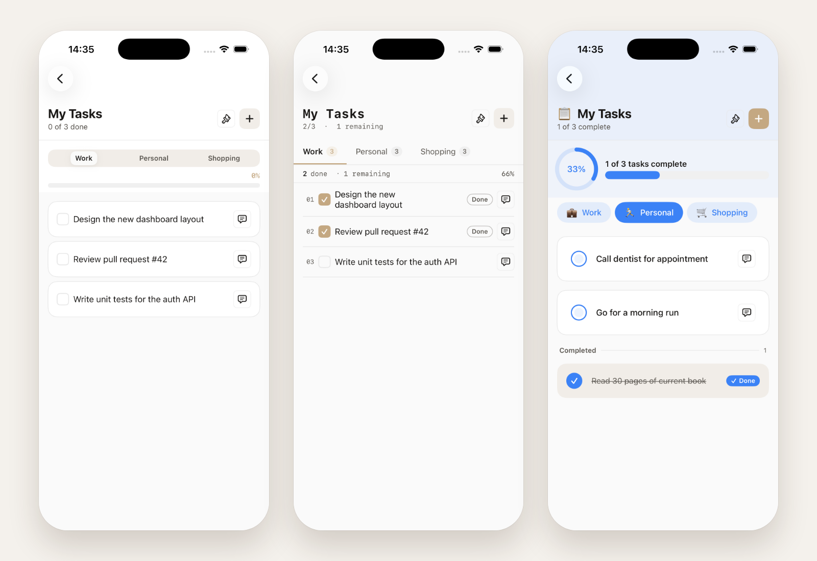 The SwiftDS Todo List showcase in three different styles